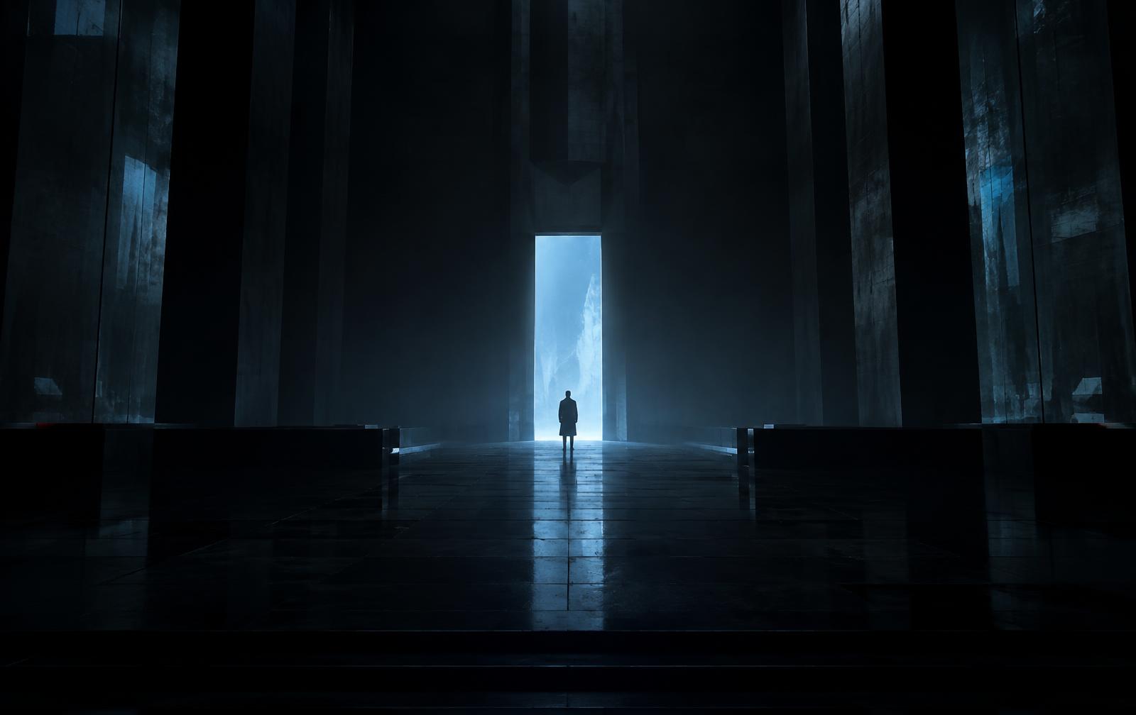 A lone figure standing in a vast dark chamber before a doorway of pale blue light